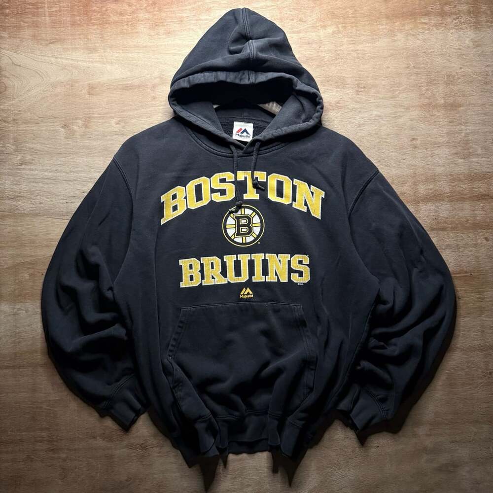 Majestic Boston Bruins Hoodie Mens Faded Black NHL Y2K Style Distressed